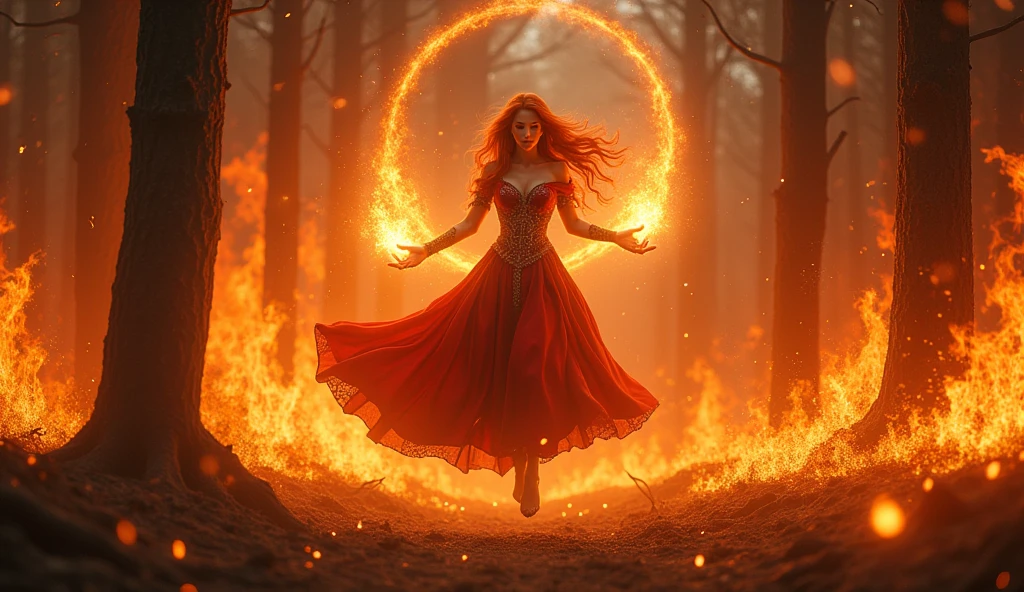 Dota2, lina inverse, floating, fire in his hands, burning forest in the background. photorealistic, 4k