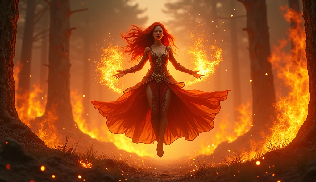 Dota2, lina inverse, floating, fire in his hands, burning forest in the background. photorealistic, 4k
