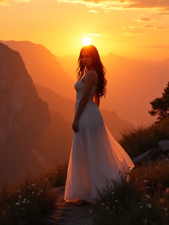 gorgeous brunette wife (Body measurements 90 60 120) stands on the mountain and wears a flowing dress. sunrise. looks into the camera