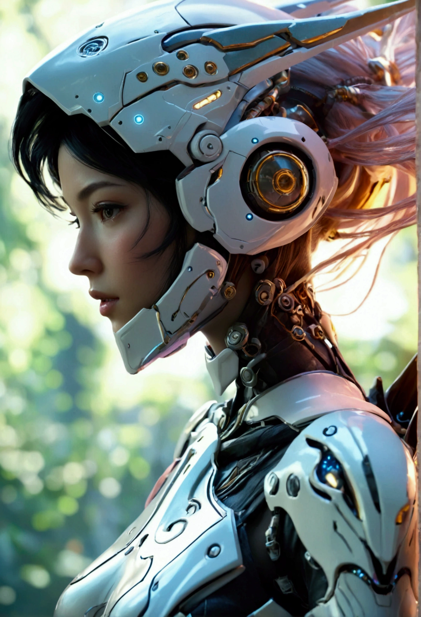 a close up of a person in a costume flying through the air, unreal engine render + a goddess, of a beautiful female warframe, mechanized valkyrie girl, porcelain cyborg armor, with futuristic gear and helmet, futuristic clothing and helmet, wearing techwear and armor, girl in mecha cyber armor, gynoid cyborg body, akihiko yoshida. unreal engine