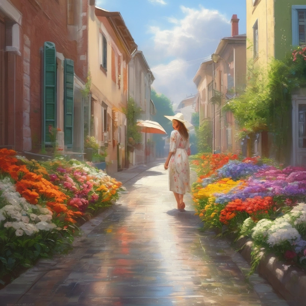 a woman walks along a bright sunny street, flowers grow in her footsteps, a light summer rain, photoreal, realistic, real photo