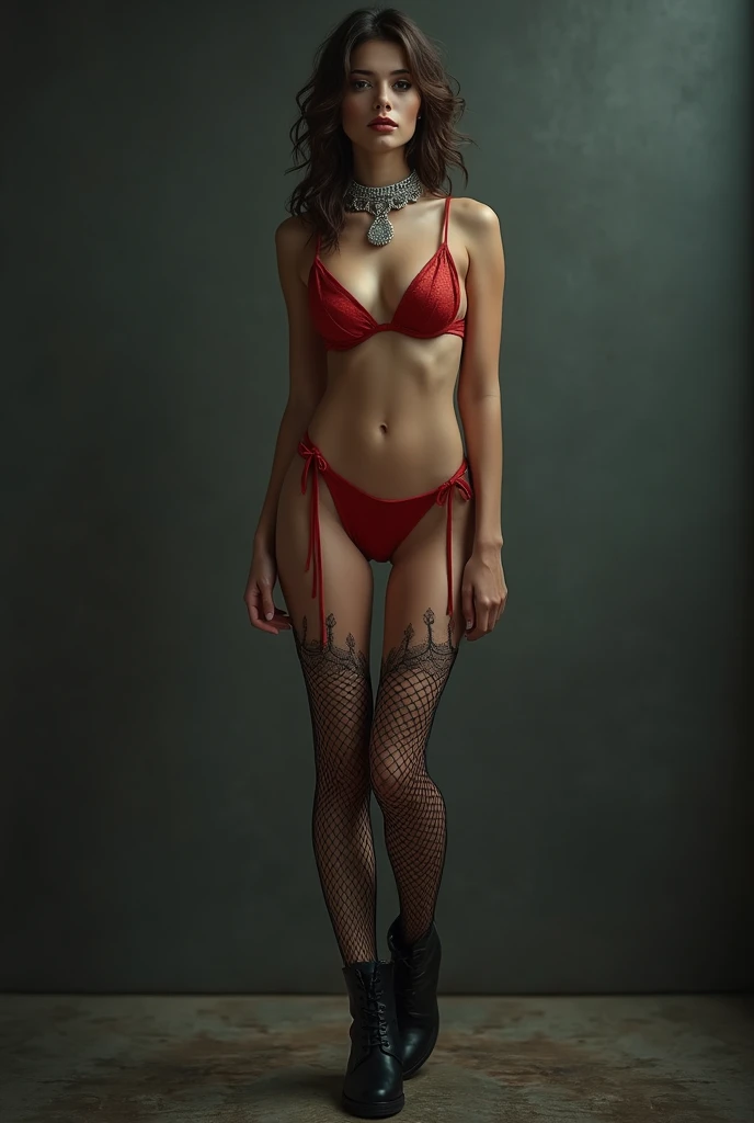 beautiful young woman,oiled, make up, wearing a slave bikini, fishnet leggings, Stiletto boots,metal collar, standing on an auction block, looking ashamed