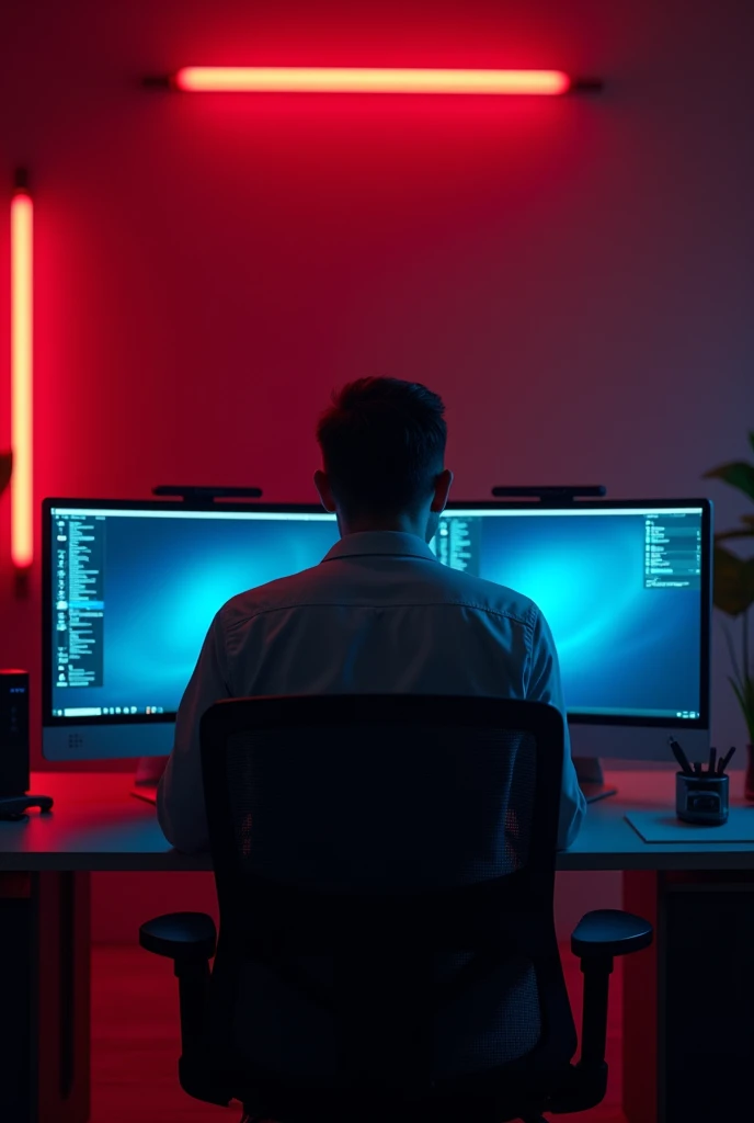 Il y a un homme assis à un bureau avec deux écrans d'ordinateur., éclairage rouge et cinématique, Post-production 8k, Post-production 8K, Éclairage rouge cinématographique, Post-production 8k, Post-production 8K, composition, Cyberpunk Clay, avec éclairage cinéma, éclairage aux couleurs cinématographiques, Prise de vue cinématographique, Rendu 3D 8K tir, Portrait pris en 8K avec le logo de "Twistreamv en bleu "