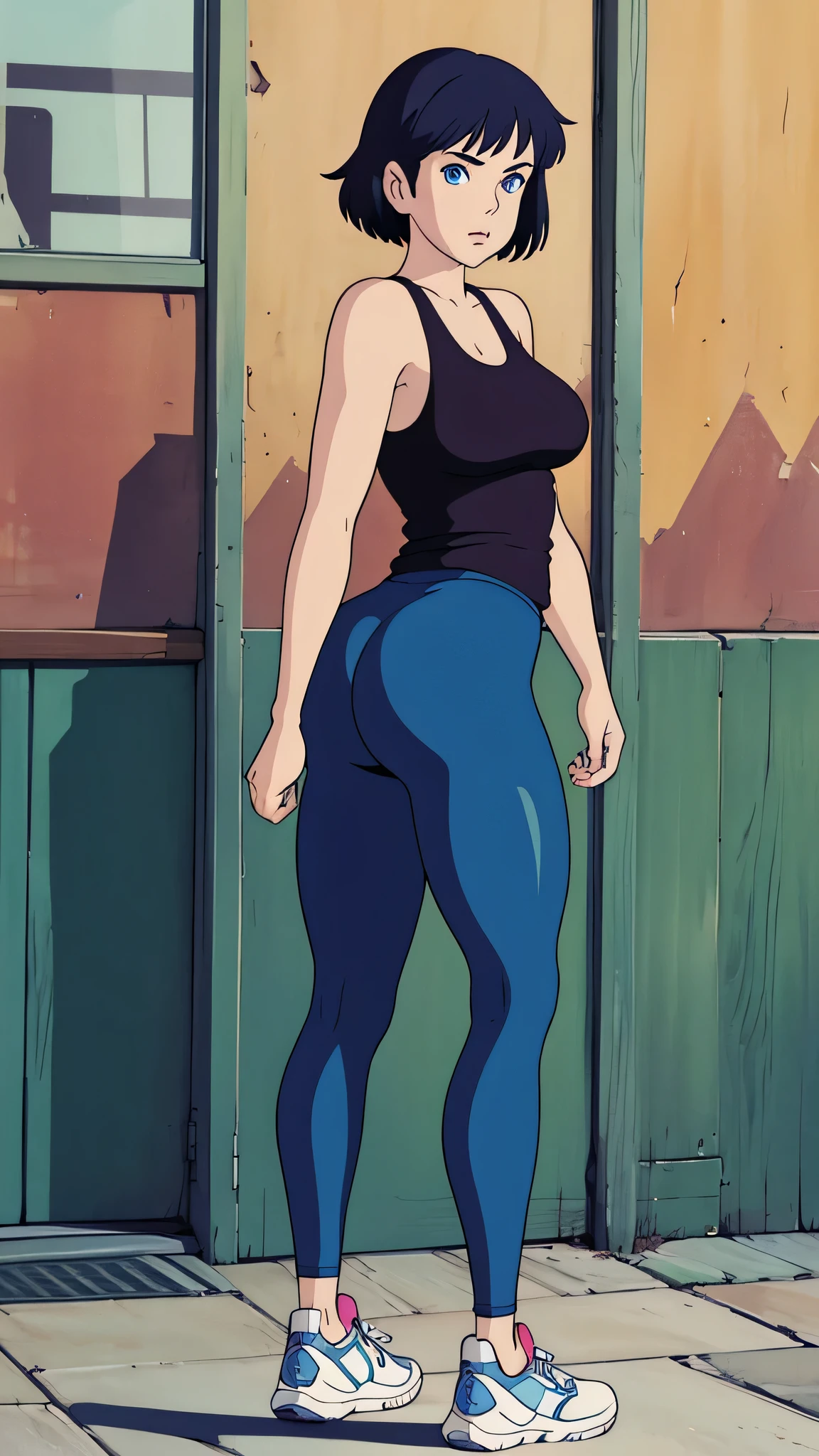 1girl, Solo, High Resolution, Blue eyes, Short Hair,
Large breasts, Tank top, Leggings, shoes, glancing back, Parted Lips, Looking at viewer, nice ass, height 5’6