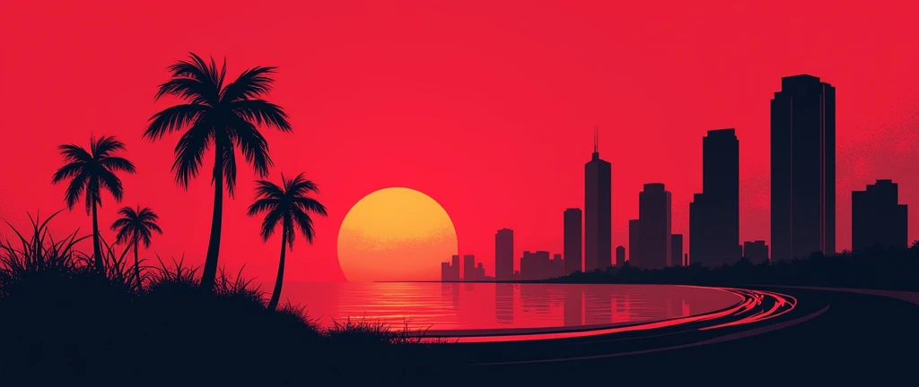 make a minimalist Miami landscape image, with palm trees, buildings and with a basketball etc., nas cores do Miami heat (red and black) not vaporwave style