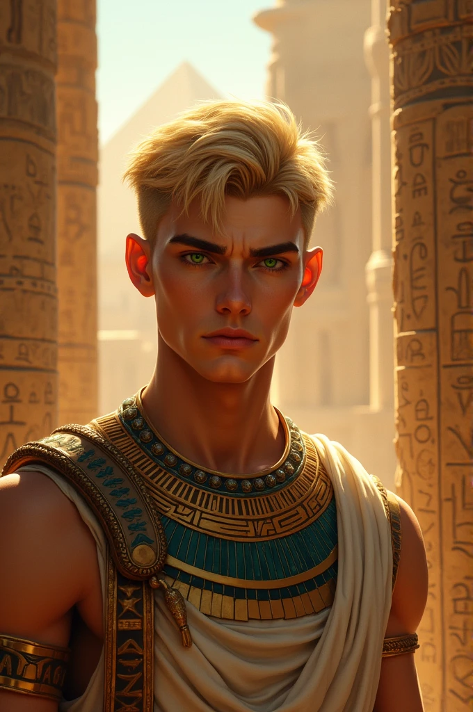 An ancient Egyptian king with short blond hair, green eyes fair skin