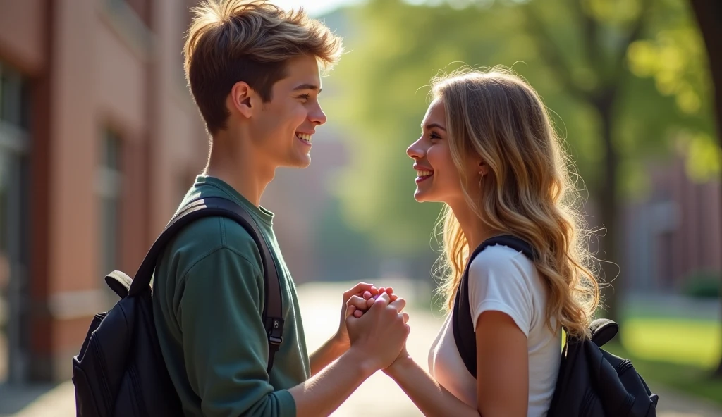 Two teenage lovers holding hands and smiling at school, realistic photo, Handsome man, beautiful woman,