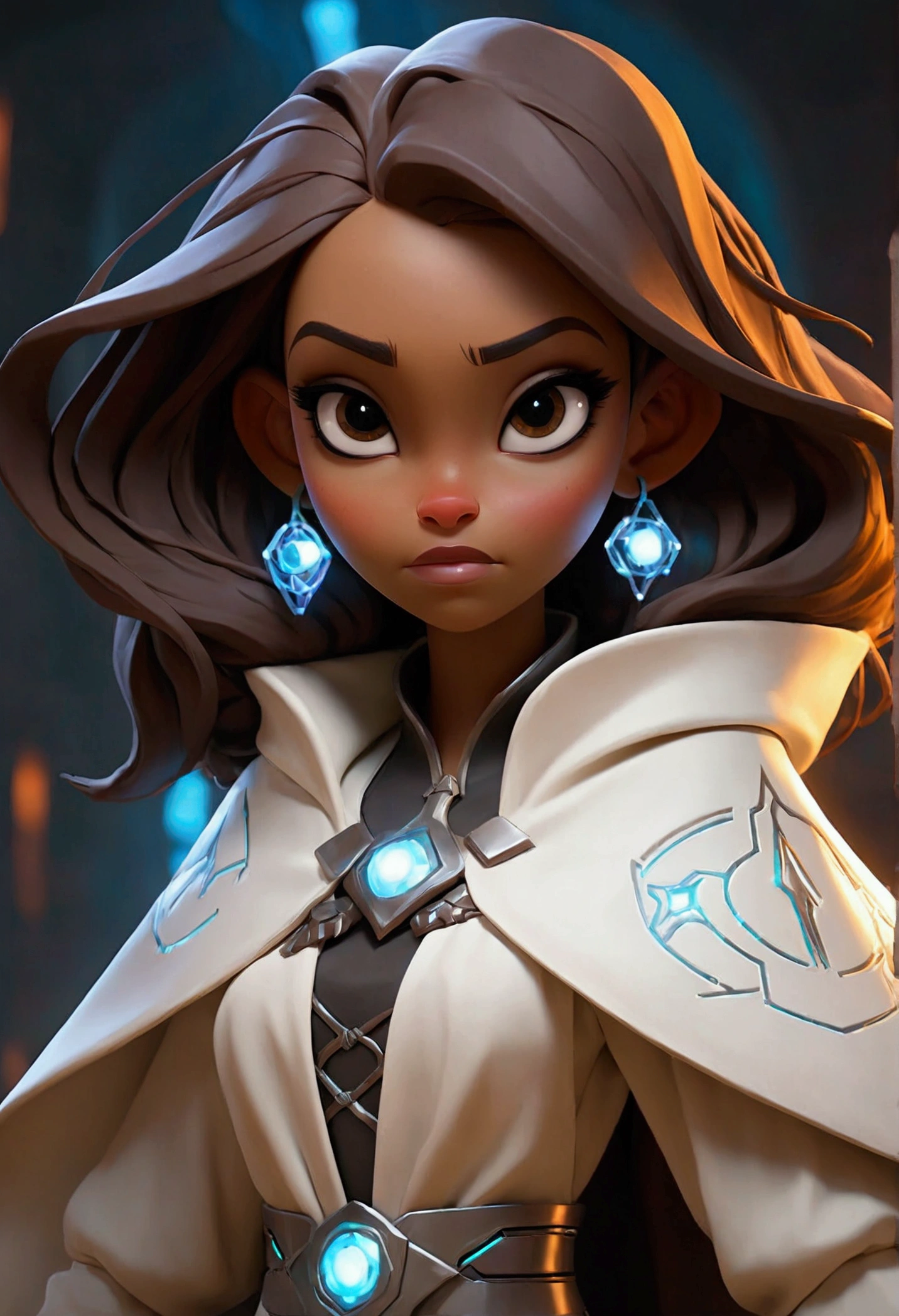 A futuristic female spellcaster wearing a streamlined, armored robe with holographic elements and glowing symbols, with a bit of seethrough skin. ((Big Breasts). She's in a high-tech arena with advanced magical constructs and an audience of diverse futuristic beings. The robe is black and white