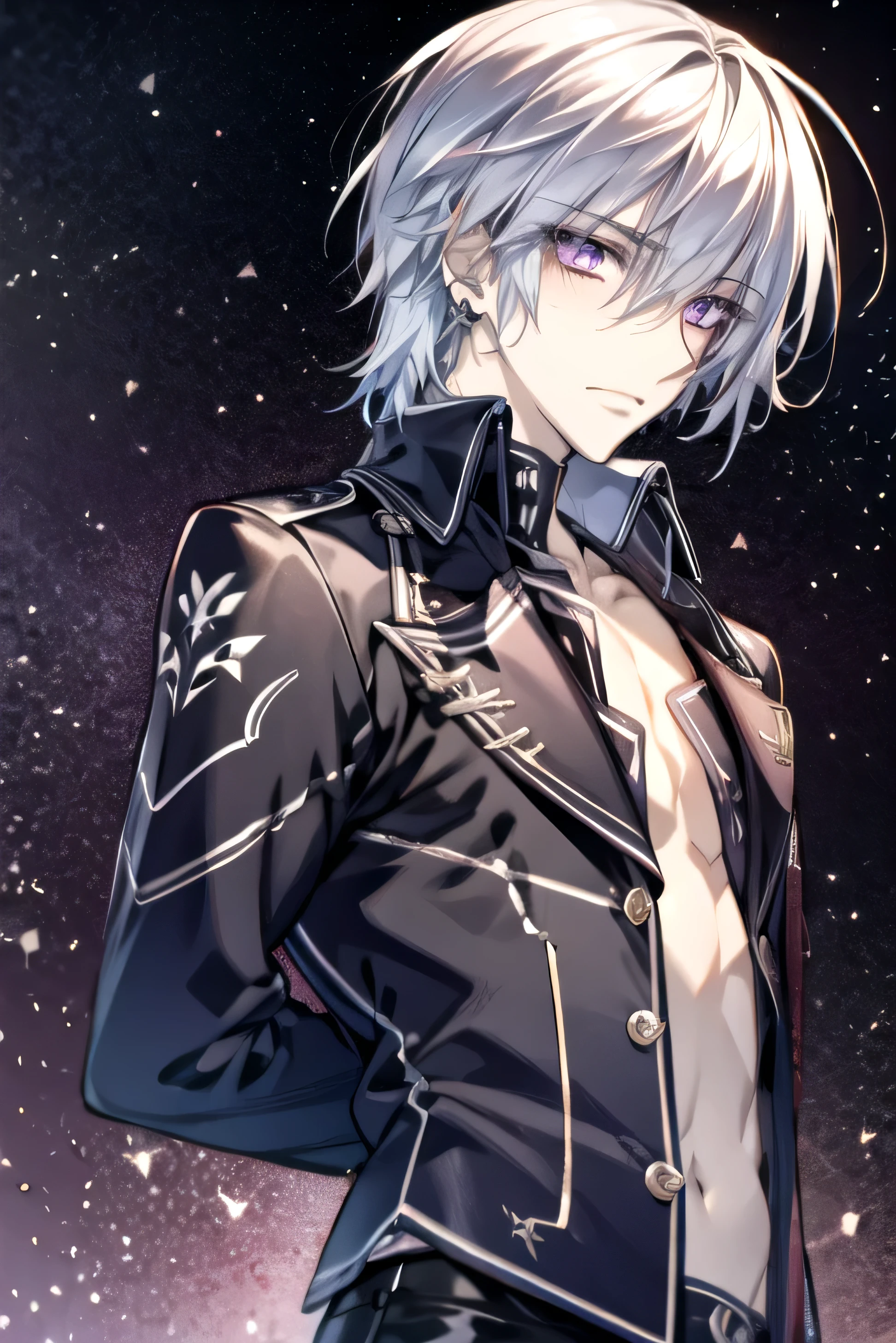 (absurdres, highres, ultra detailed, HDR), masterpiece, best quality, Zero Kiryuu, 1man, solo, handsome, (short silver hair), vibrant purple eyes, finely eye and detailed face, (solid black background), shirtless, vampire knight, (arms behind back), solid crimson background, (portrait), 
