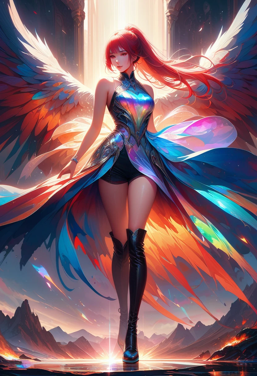 20 years old, long red hair, wears a ponytail, red eyes, always smiling. She dresses in an antique style, wearing a short brown skirt with black shorts underneath, ending above the knees. She wears knee-high brown boots. Her white blouse is sleeveless and features red details. She possesses fire powers and has a fire-themed background. 8k, high quality, full body, (ultra-realistic), {extremely detailed 8k CG unit wallpaper}, expansive landscape photograph, , (light: 2.0), (warm light source: 1.5), complex details, (iridescent colors: 1.5), (bright lighting), (atmospheric lighting), surreal, impressive, fantasy, (Solo: 1.2)