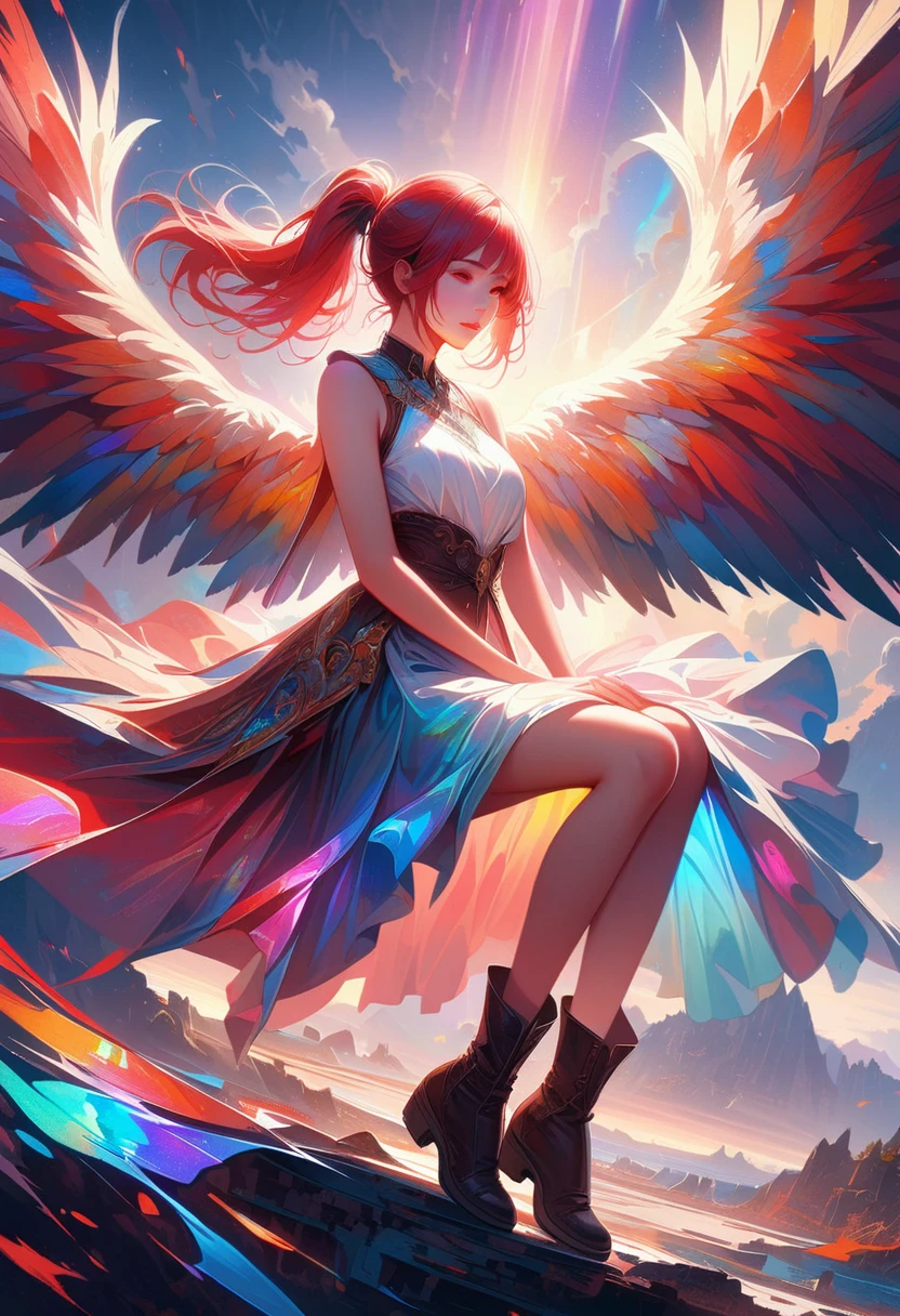 20 years old, long red hair, wears a ponytail, red eyes, always smiling. She dresses in an antique style, wearing a short brown skirt with black shorts underneath, ending above the knees. She wears knee-high brown boots. Her white blouse is sleeveless and features red details. She possesses fire powers and has a fire-themed background. 8k, high quality, full body, (ultra-realistic), {extremely detailed 8k CG unit wallpaper}, expansive landscape photograph, , (light: 2.0), (warm light source: 1.5), complex details, (iridescent colors: 1.5), (bright lighting), (atmospheric lighting), surreal, impressive, fantasy, (Solo: 1.2)