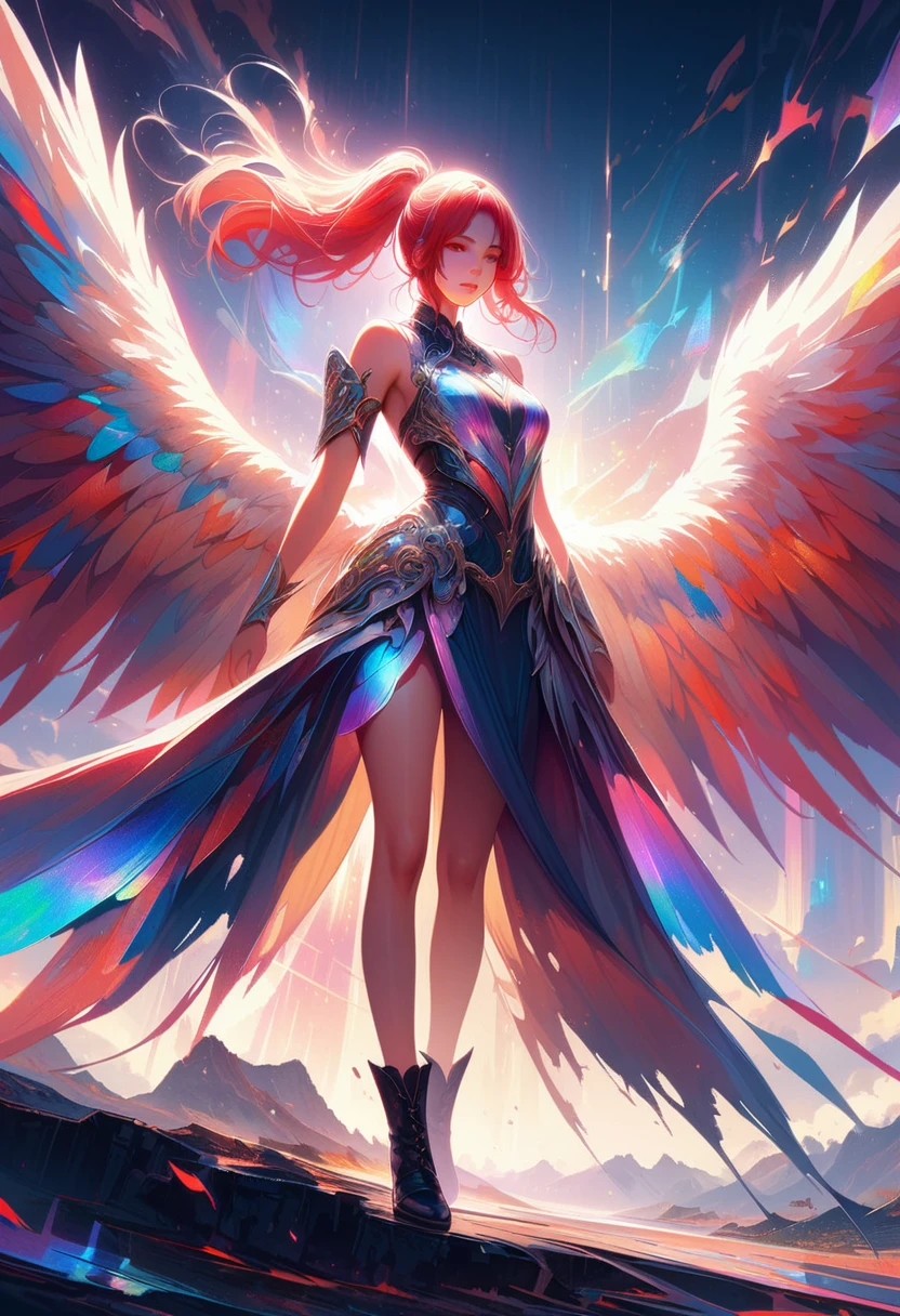 20 years old, long red hair, wears a ponytail, red eyes, always smiling. She dresses in an antique style, wearing a short brown skirt with black shorts underneath, ending above the knees. She wears knee-high brown boots. Her white blouse is sleeveless and features red details. She possesses fire powers and has a fire-themed background. 8k, high quality, full body, (ultra-realistic), {extremely detailed 8k CG unit wallpaper}, expansive landscape photograph, , (light: 2.0), (warm light source: 1.5), complex details, (iridescent colors: 1.5), (bright lighting), (atmospheric lighting), surreal, impressive, fantasy, (Solo: 1.2)