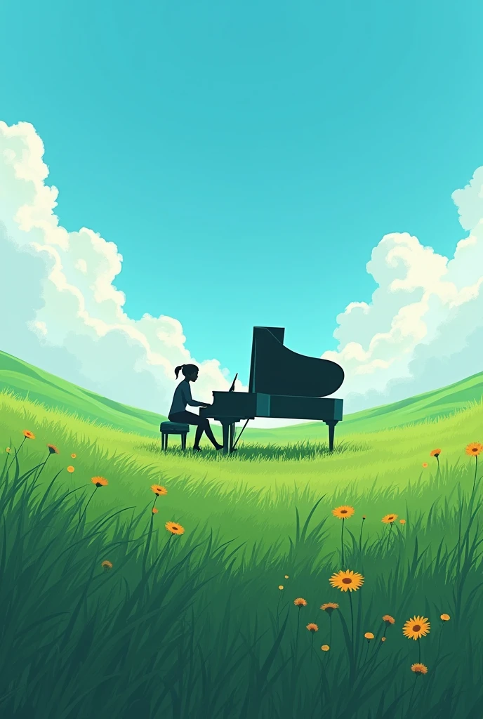 amidst a verdant landscape, where emerald fields meet the azure sky, eyes wander, Across vast expanses, and behold the depths where secrets lie..Playing the piano