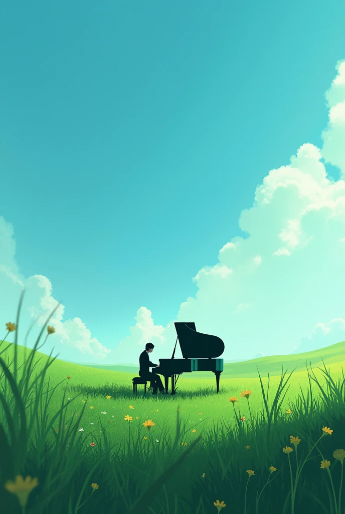amidst a verdant landscape, where emerald fields meet the azure sky, eyes wander, Across vast expanses, and behold the depths where secrets lie..Playing the piano