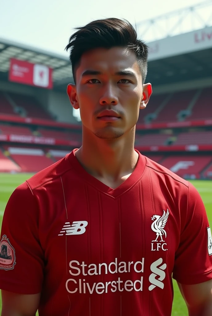 a good looking Thai man,Liverpool FC jersey,Anfield stadium,muscular man,handsome face,beautiful detailed eyes,beautiful detailed lips,extremely detailed eyes and face,longeyelashes,photorealistic,masterpiece,8k,hyperrealistic,highly detailed,ultra realistic,cinematic lighting,dramatic lighting,vibrant colors,realistic skin texture,studio lighting,physically-based rendering,professional photography detailed face, masterpiece,  Ultra detailed and realistic 8k 