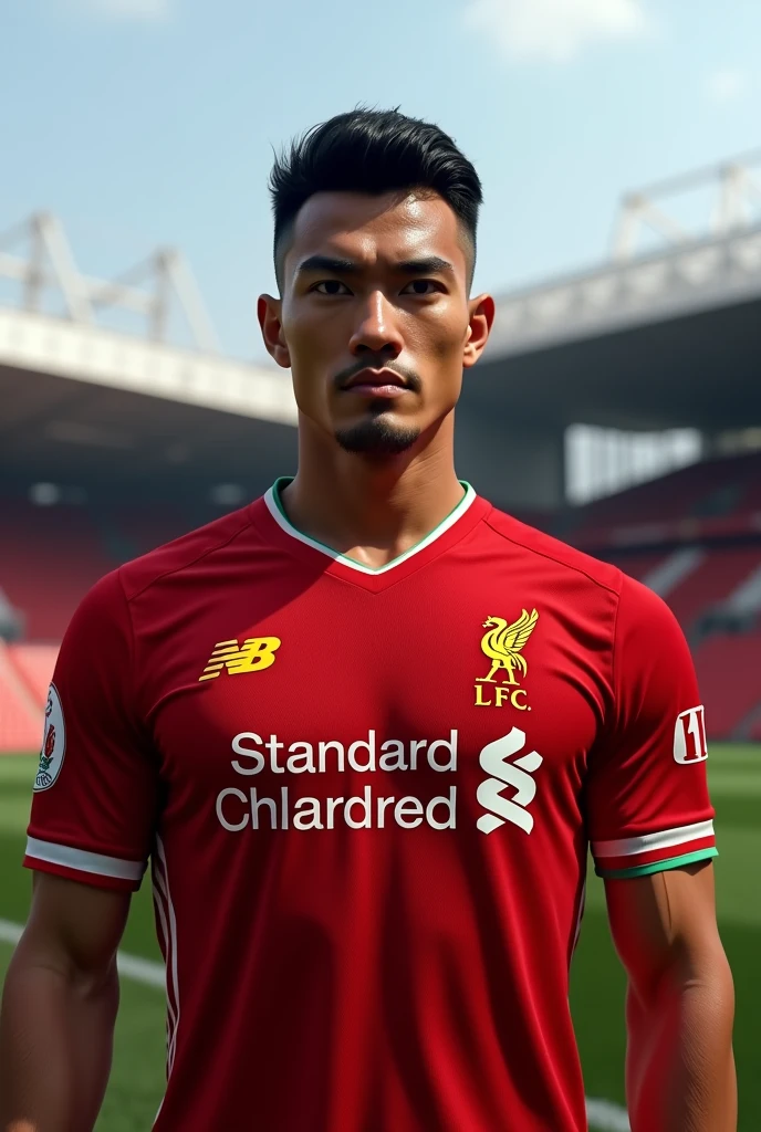 a good looking Thai man,Liverpool FC jersey,Anfield stadium,muscular man,handsome face,beautiful detailed eyes,beautiful detailed lips,extremely detailed eyes and face,longeyelashes,photorealistic,masterpiece,8k,hyperrealistic,highly detailed,ultra realistic,cinematic lighting,dramatic lighting,vibrant colors,realistic skin texture,studio lighting,physically-based rendering,professional photography detailed face, masterpiece, Ultra detailed and realistic 8k