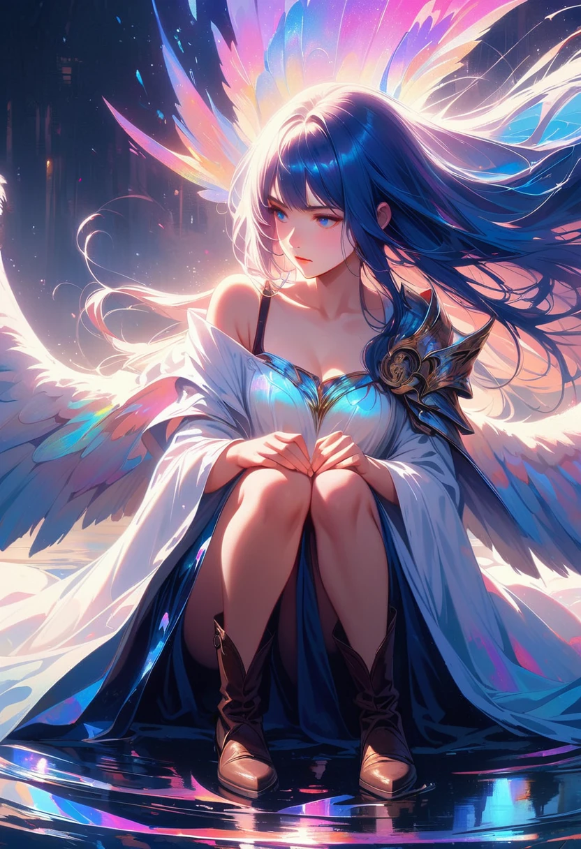 20 years old, with short dark blue hair to the shoulders, a serious yet tender expression, and bright light blue eyes. She dresses in an antique style, wearing a long dark blue skirt that reaches her knees, and small dark brown boots up to her ankles. Her white blouse is long-sleeved, covering her fingers slightly, and falls off one shoulder, leaving it exposed. She possesses water powers and has a water-themed background. 8k, high quality, full body, (ultra-realistic), {extremely detailed 8k CG unit wallpaper}, expansive landscape photograph, (light: 2.0), (warm light source: 1.5), complex details, (iridescent colors: 1.5), (bright lighting), (atmospheric lighting), surreal, impressive, fantasy, (Solo: 1.2)