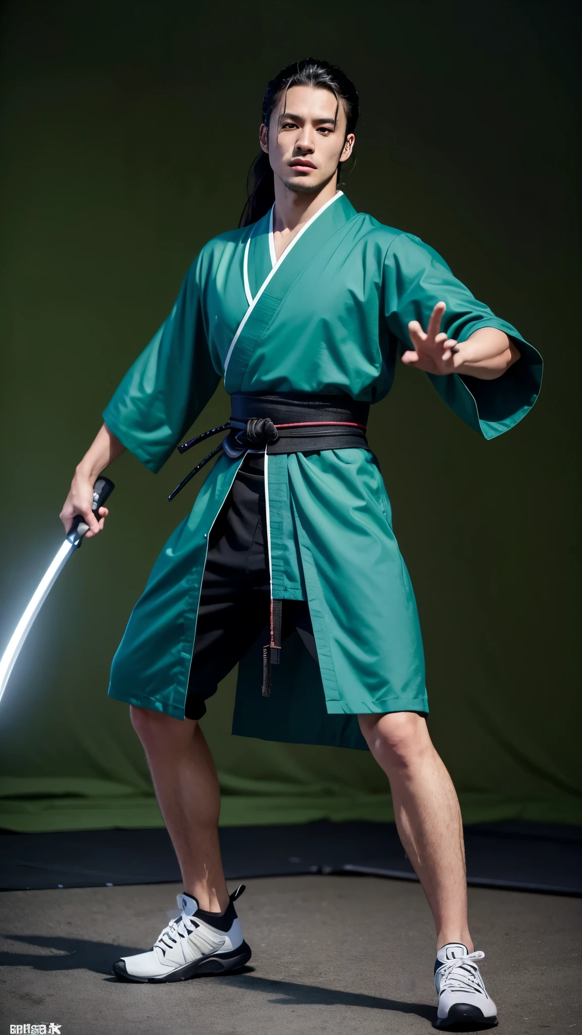 Create a realistic, high-resolution full-body image (8K or higher). The subject is a handsome Japanese man, age 25, with a tall and muscular build, balanced proportions, and a deep, chiseled face like someone of mixed heritage. He has sharp eyes and messy long hair. His attire can be a kimono, traditional Japanese armor, ninja outfit, or martial arts training gear. He can be barefoot, wearing boots, or sneakers. He wields either a katana, spear, tanto, kusarigama, meteor hammer, or nunchaku in one hand, or dual-wields them. The pose is dynamic and action-oriented. The background should be either a battlefield, Shibuya in 2024, or a green screen backdrop. Additionally, incorporate a setting with a futuristic vibe, cyberpunk atmosphere, Edo-period Japan, or Taisho-era Japan. It is essential to depict perfect details in the hands and fingers, arms, legs, head, and torso.