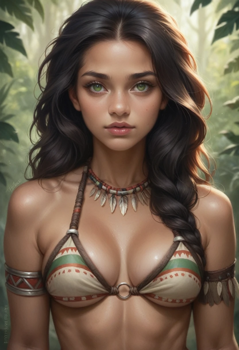 1girl, upper body, young tribal queen, tribal bikini, attractive, reptile humanoid with green scaly skin, black feathers instead of hair, fantasy character. Masterpiece, photorealistic, top quality, best quality, beautiful eyes, perfect eyes, upper body, muscular.