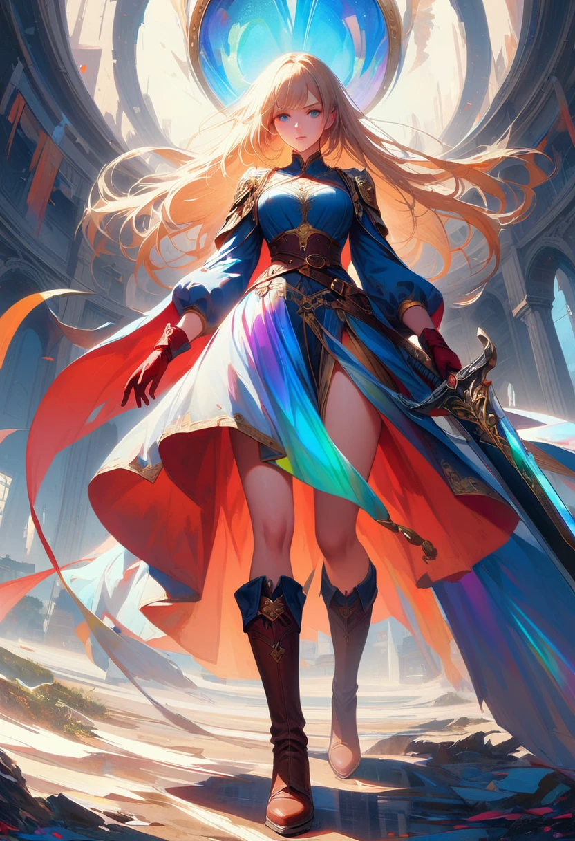 20-year-old girl, long blonde hair, blue eyes, angry expression, long dark blue skirt with gold embroidery at the hem, old-fashioned blue blouse with long fitted sleeves, adorned with red details, red leather gloves that reach her elbows, dark brown leather boots that reach mid-calf, leather belt adorned with a golden buckle and red details, her weapon is a huge greatsword with a gold and red decorated handle, hanging on her back in an ornate sheath, 8k, high quality, full body, (ultra-realistic), {extremely detailed 8k CG unit wallpaper}, expansive landscape photograph, (a view from below showing the grandeur of the character, wide open field view), (light: 2.0), (warm light source: 1.5), complex details, (iridescent colors: 1.5), (bright lighting), (atmospheric lighting), surreal, impressive, fantasy, (Solo: 1.2)