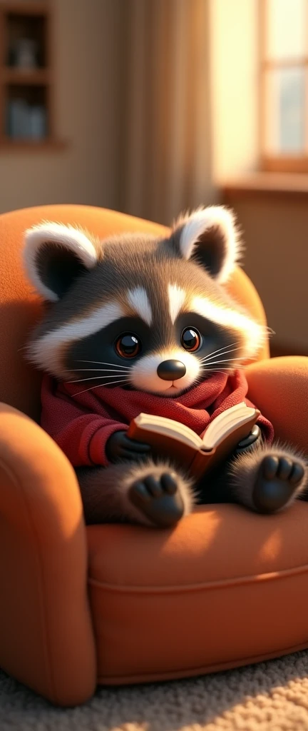 A captivating and whimsical 3D render of a cute, extra fluffy baby raccoon cuddled in a plush armchair, wrapped in a warm, sunlit dark red coat. It leisurely flips through a tiny, intricate book with its beak. The room exudes warmth and coziness, with soft browns, oranges, and yellows draping every surface. The background displays a welcoming, beige-toned space with simple, comfortable furniture., photo, 3d render, conceptual art