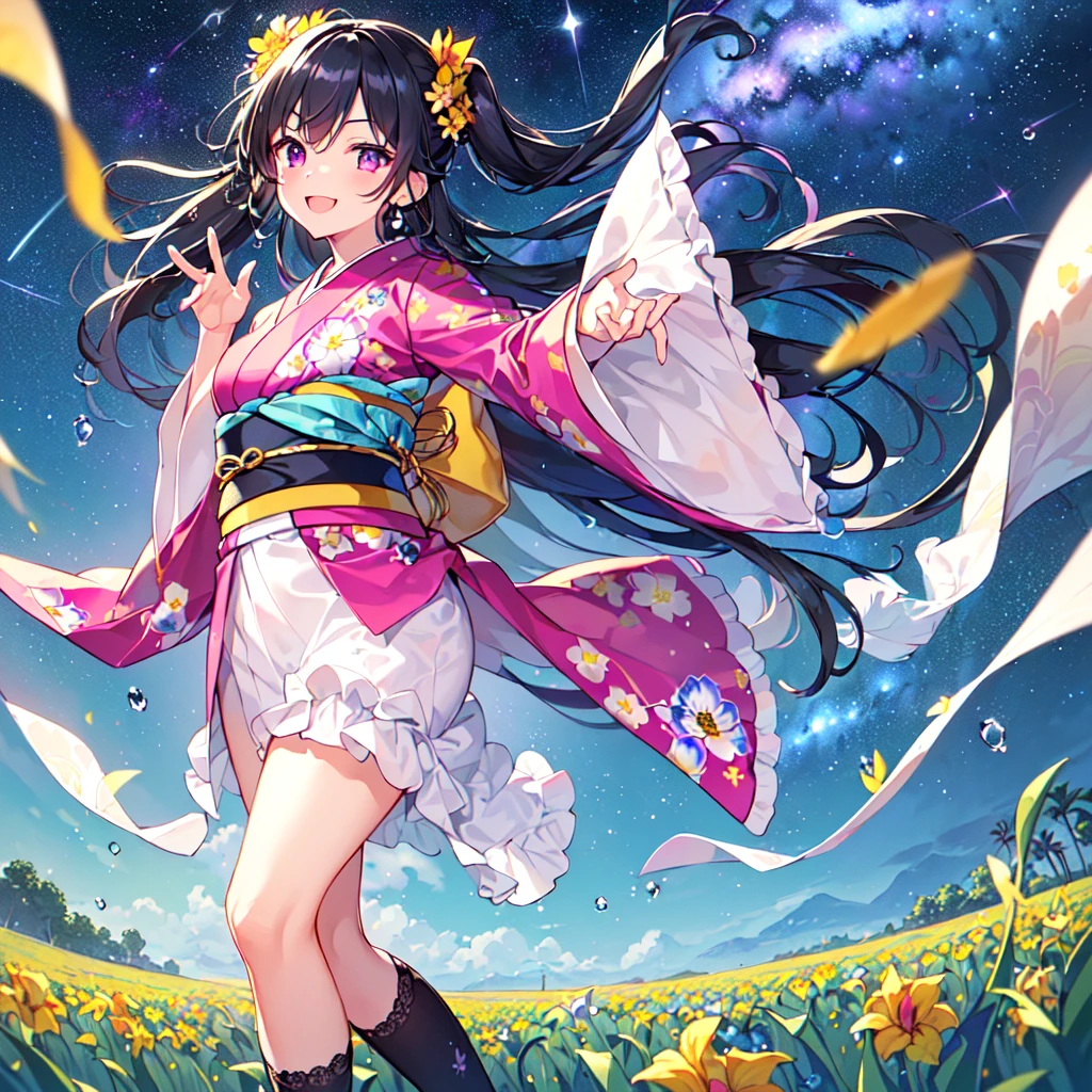 masterpiece, best quality, high quality, extremely detailed, very delicate and beautiful, (1 female 1 solo:1.5), (long black hair up to waist with two side up:1.5), bangs to eyebrows, eyes (eyes sharp, strong and glossy, eyebrows glossy, (eye color magenta: 1.3), 6.5 head height, (kimono fashion with dewdrops and flowers print: 1.3), knee socks, lace, frills, (smiling), (running: 1.3), (dynamic pose), (background dayflower dewdrops and flowers field summer: 1.3), (blue sky: 1.3,(Milky Way Night Sky:1.3)