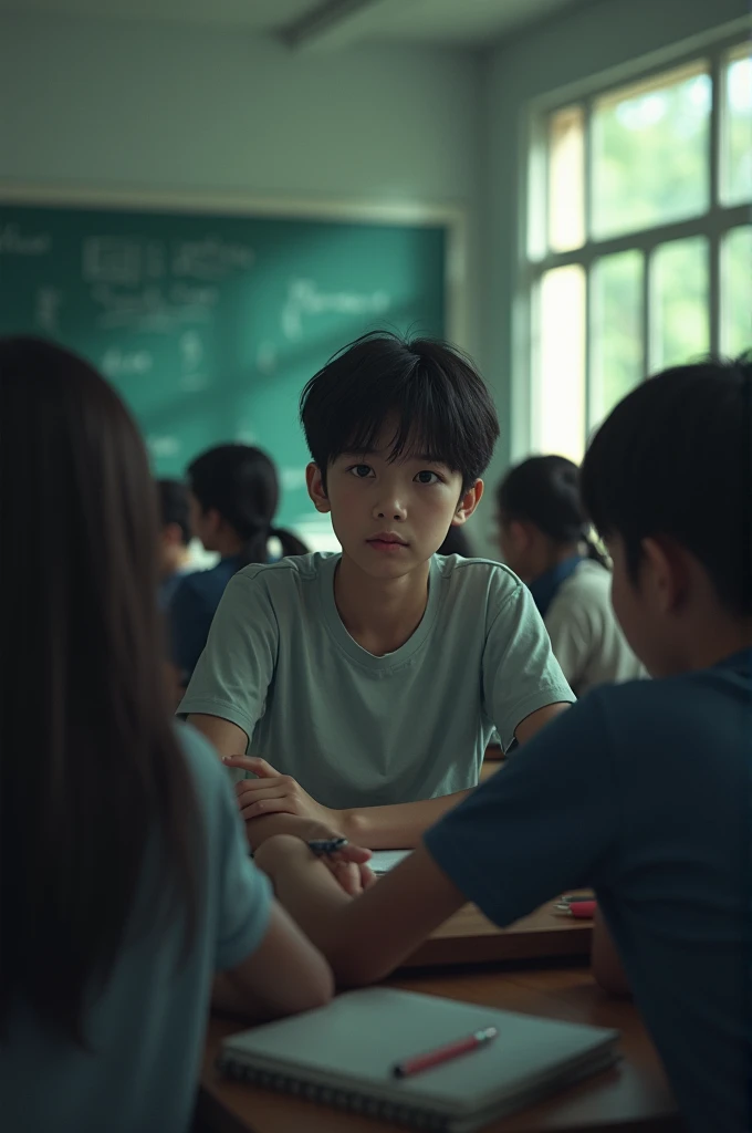 Create an image where a student cannot interact with his classmates due to the language barrier