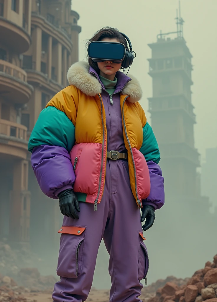 full body image, (ultra detailed,ultra high resolution,detailed background),((2d)),((flat color)),((dull color)), 1solo leaving the fog:1.5, looking at the viewer, baggy flight suit, oversized bomber jacket with sheepskin collar, (yellow, violet, cian, green, orange:1.3), plush collar, full body image, use VR glasses, ((Baron's Desert Intricut Fund)), ((apocalyptic city)), full body in frame, ((drone next to her))