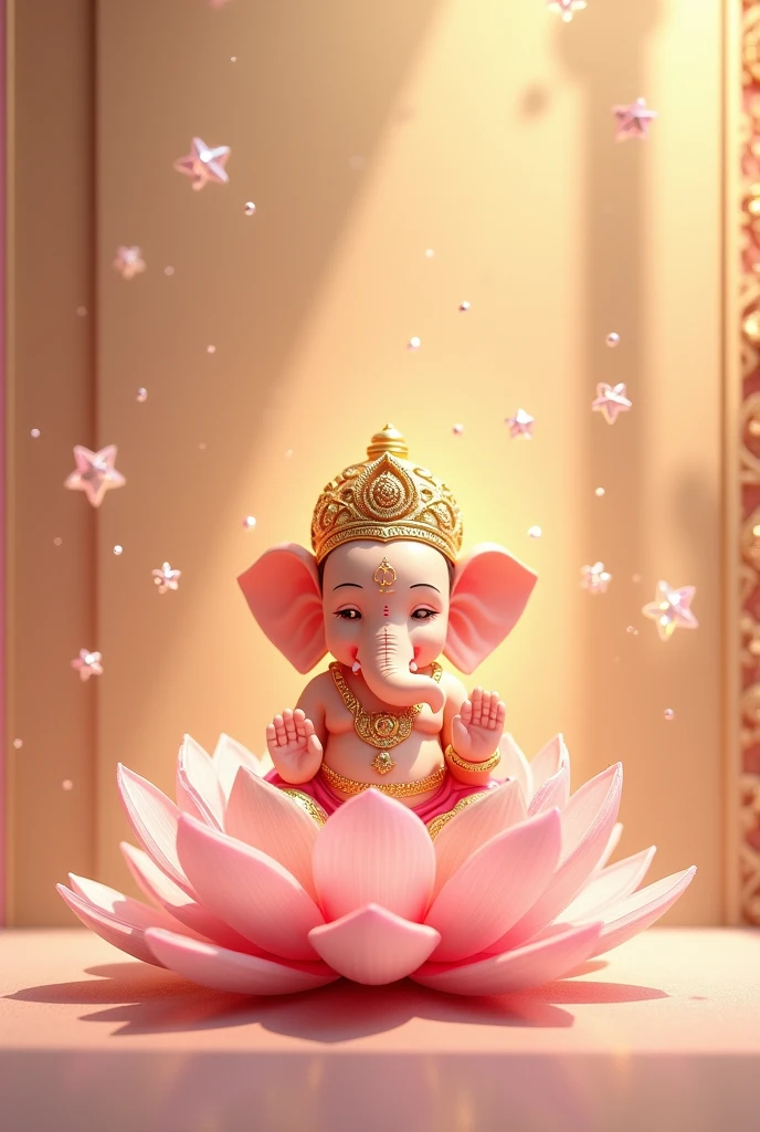 Prompt : Ganesha sitting on a golden day style wallpaper with pastel colors of pink, sitting on a pink lotus flower, No hair, full body, cute, shiny, crystal stars, digital art, simple design, very high resolution, cinematic lighting, perfect composition, harmonious composition, octane render, Chibi-Style.