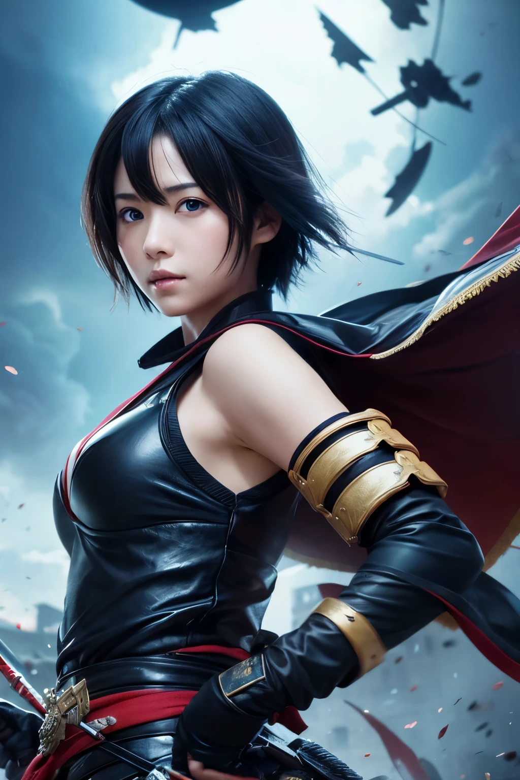 Japan, Sengoku period, Beautiful girl, Japanese anime, Black hair, Short hair, Cool eyes, Kunoichi, Battlefield, Background, Blue, Action