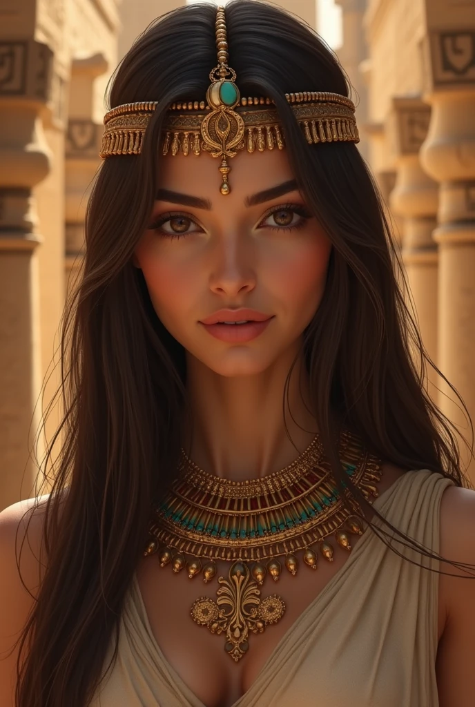 Create a beautiful Egyptian woman, straight brown loose hair, brown eyes and white oval face egyptian ancient egypt 