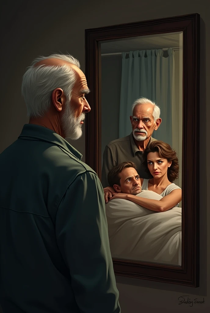 An image of an elderly man watching his daughter and son-in-law, that are in another room from the mirror lying down