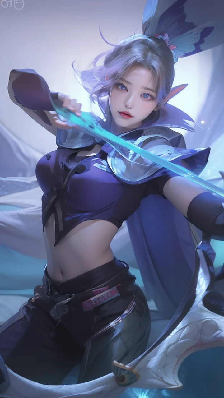 1 woman, alone, kochou shinobu, butterfly headdress, purple eyes, multicolored hair, Short hair, split bangs, beautiful, beautiful woman, perfect body, perfect breasts, wearing a white shirt, bare shoulders, in bed, bedroom, bed, sitting on bed sleeping, looking at viewer, Smiling slightly, realism, masterpiece, Textured leather, super detail, high detail, high quality, best quality, 1080P, 16,000