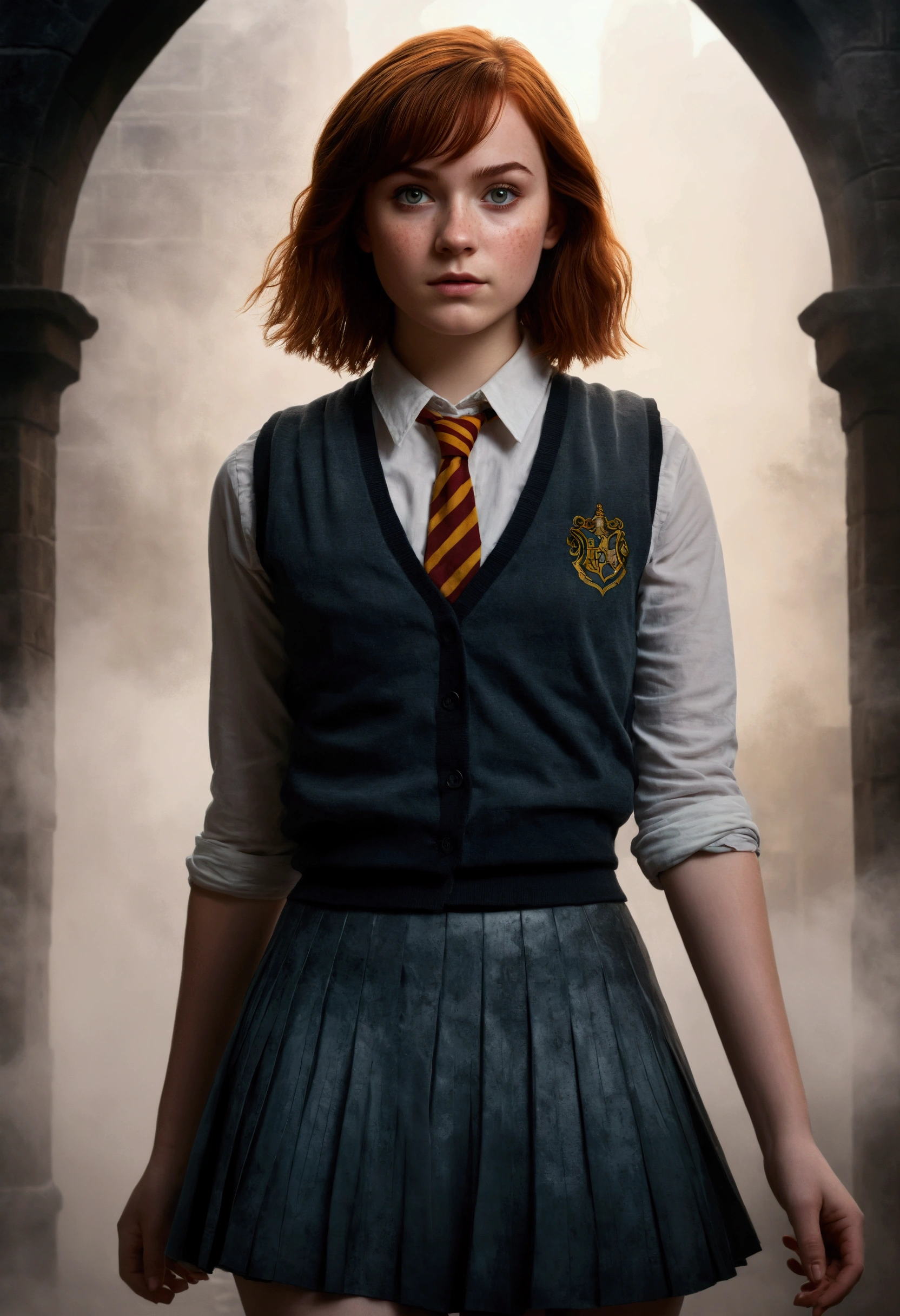An illustrated movie poster, hand-drawn, full color, a teenage Hogwarts student, 18-years-old, female, wearing a charcoal vest and a pleated skirt, athletic hourglass figure, full wide hips, massive round butt, long shapely legs, ridiculously thick powerful thighs, vibrant eyes, deep dark auburn hair, punk pixie cut, flushed sun-kissed complexion, freckles, resembles Genevieve O'Reilly, standing in a foggy Hogwarts courtyard, surrounded by mist, graphite shading, stencil marks, airbrushed acrylic paint, masterpiece, close-up shot, in the style of the Deathly Hallows