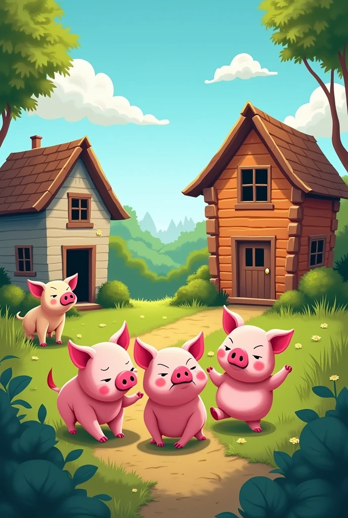 CREATE AN IMAGE OF A BOOK WITH 3 HOUSES IN THE BACKGROUND, 1 DE BREAKDOWN, 1 WOODEN, 1 OF BRICKS. PUT A BAD FACED LAB HIDING IN A BUSH, 3 HAPPY PIGS IN FRONT. A LOGO WRITTEN ON TOP "the three little pigs" In Portuguese
