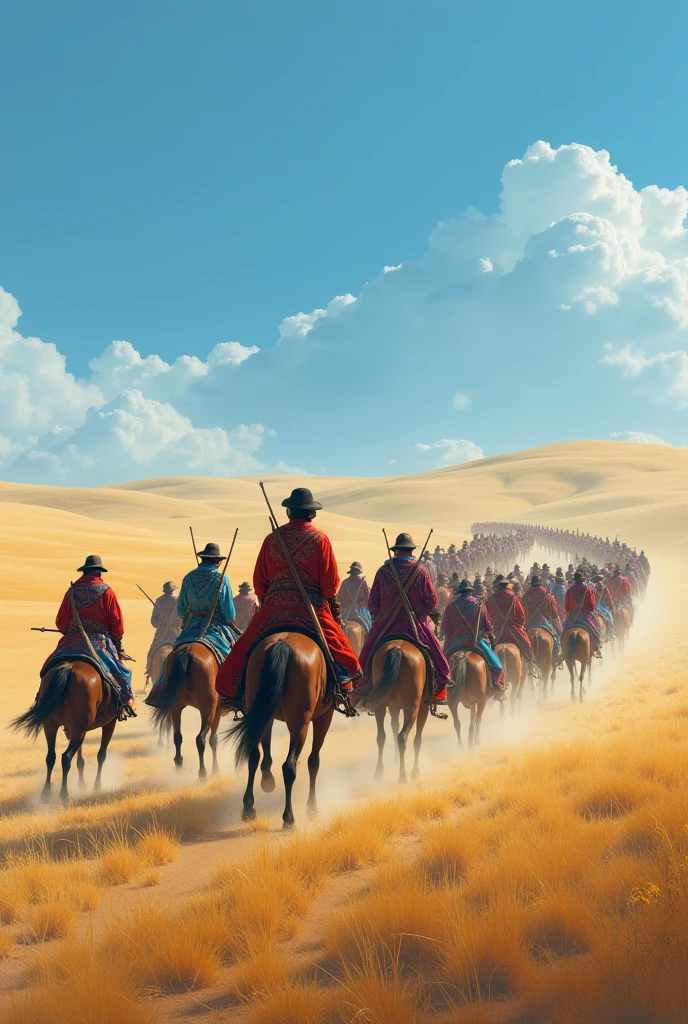"Create a vast, expansive steppe landscape with rolling hills under a clear blue sky. Populate the scene with 1,000 Mongolian horsemen, each riding strong, sturdy horses. The horsemen are wearing traditional 'deel,' which are colorful, ankle-length robes with wide belts, featuring various patterns and designs. The scene should capture the motion and energy of the riders, with some holding traditional weapons like bows or spears. The horses should be in various poses—some galloping, others trotting, with dust being kicked up from the ground. The overall atmosphere should convey a sense of tradition, strength, and the vastness of the Mongolian steppe."

This detailed description should help in generating the desired image.