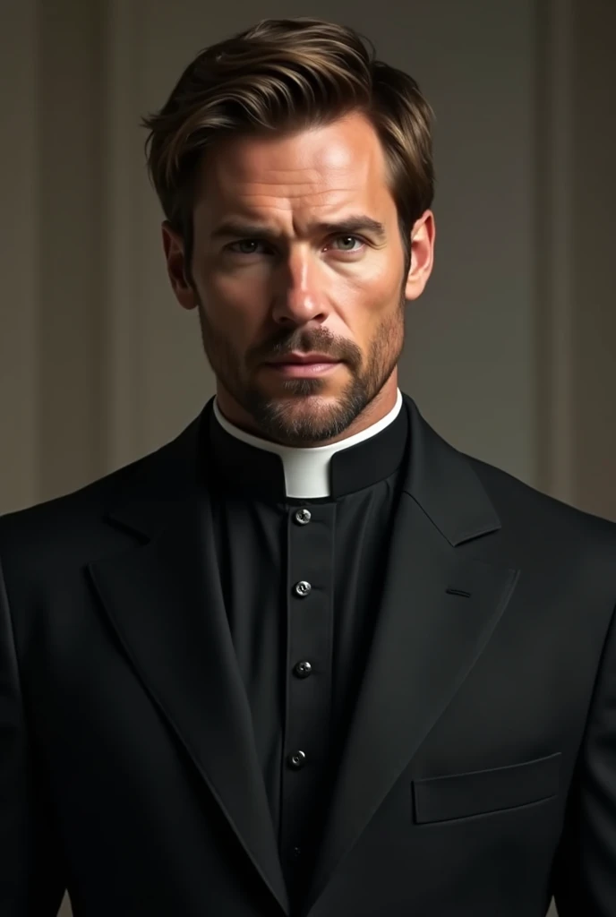 HD image, hyper realistic. Ian Somerhalder with a goatee as a Lutheran pastor wearing a clerical collar. Handsome man. Full body image. 