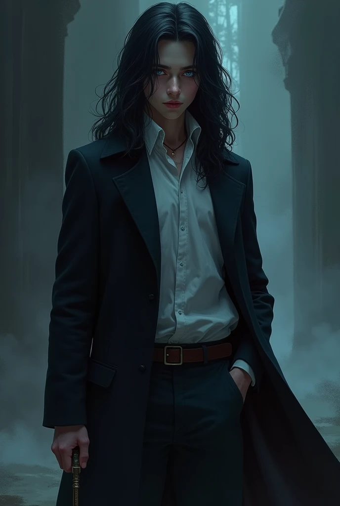 long-haired boy, wearing a black overcoat with a white shirt, light blue eyes, average physical height, holding a wand