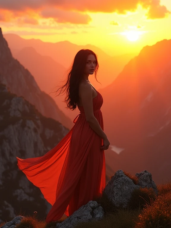 gorgeous brunette wife (Body measurements 90 60 120) stands on the mountain and wears a flowing dress. sunrise. looks into the camera