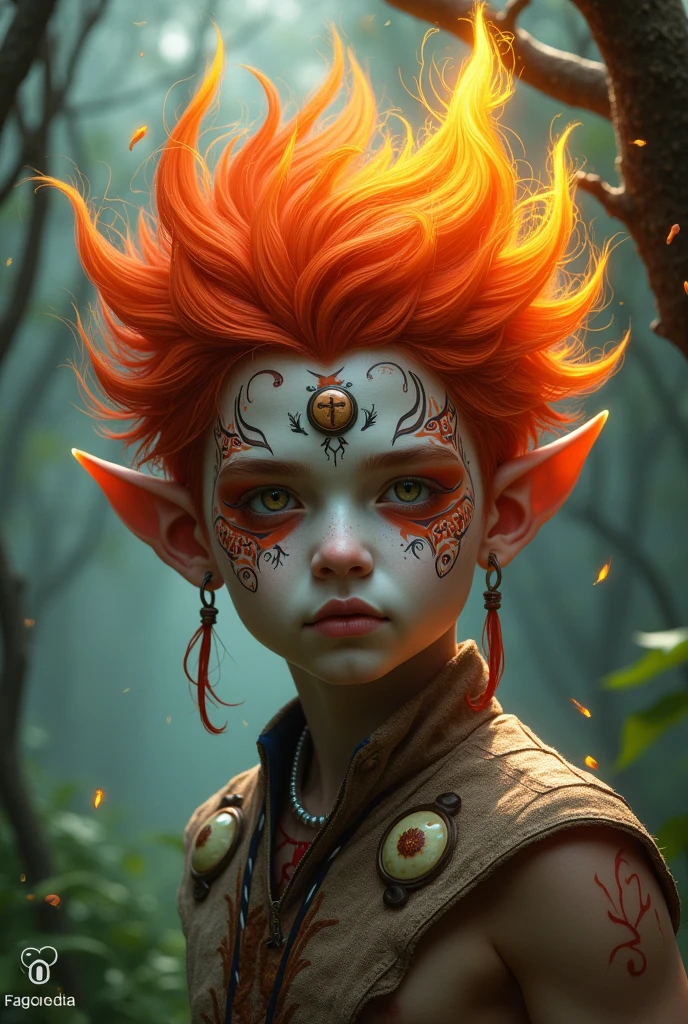 Creates the image of Curupira.
Description, a white boy with fiery hair, Indian features and with Indian facial paint reminiscent of fire and elven ears.