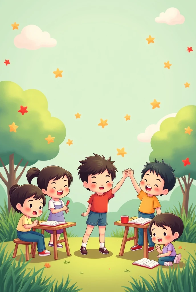 Create me an image with text "Civic Education 7" bằng Vietnamese. There are children playing on the grass., pastel colored study, chibi drawing. Human-like drawing