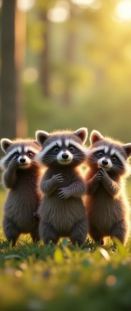 A captivating photograph of a three cute extra fluffy baby realistic raccoons standing in the fielde The racoons, each with unique expressions, represent the proverb "See no evil, hear no evil, speak no evil." The first racoon covers its ears with its paw, the second covers its eyes, and the third covers its mouth., photo, 3d render, conceptual art