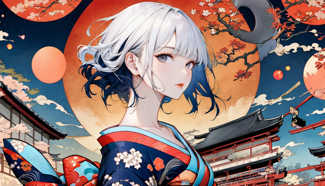 Ukiyo-e, Japanese painting, woodblock print, Beautiful woman, Wearing colorful open-necked kimonos, wariza, , Background modern ukiyo-e style, Conceptual installation art, (Super detailed, The absolute solution, Highest quality:1.3), 2.5D, delicate and dynamic, artistic, Hyper, Graphics CG Digital Art