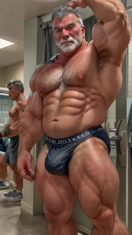 An older Japanese male bodybuilder with his upper body naked。Big muscles。Big Belly。thick limbs。
A standing posture that shows the whole body。
極端に短いGray-hairedの顎髭。
極端に短いGray-hairedの髪。
Japanese male bodybuilder wears only white jockstrap。大きなbulge。
The crotch of the white jockstrap is very round and large.。
Sunburned skin。Hairy skin。
男性はThe whole body is hairy。Full body covered in hair。Gray-hairedの胸毛。Gray-hairedの腹毛。Gray-hairedの下腹部の毛。Armpit hair。Arm hair。Leg hair。Thigh hair。shin hair。
A symmetrical Japanese face。Japanese small face。Japanese round face。The gentle face of the Japanese。Gentle face of Japan man。The gentle expression of a Japanese person。single eyelid。Kind eyes。Small eyes。Round Nose。Big Nose。Small Mouth。Small lips。
Statue。Low - Angle。Full body portrait。Gray-haired。The whole body is hairy。jockstrap。bulge。
Maximum number of pixels。Highest quality。ピントがきちんと合ったHighest qualityの写真画質。Photorealistic。