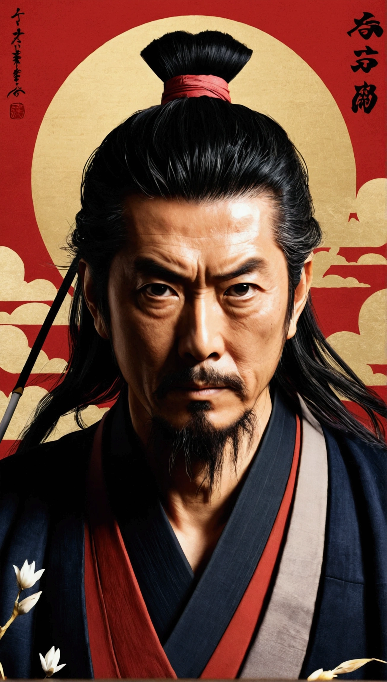「portrait of miyamoto musashi。around him、Illustrations from previous episodes are used as backgrounds..。
