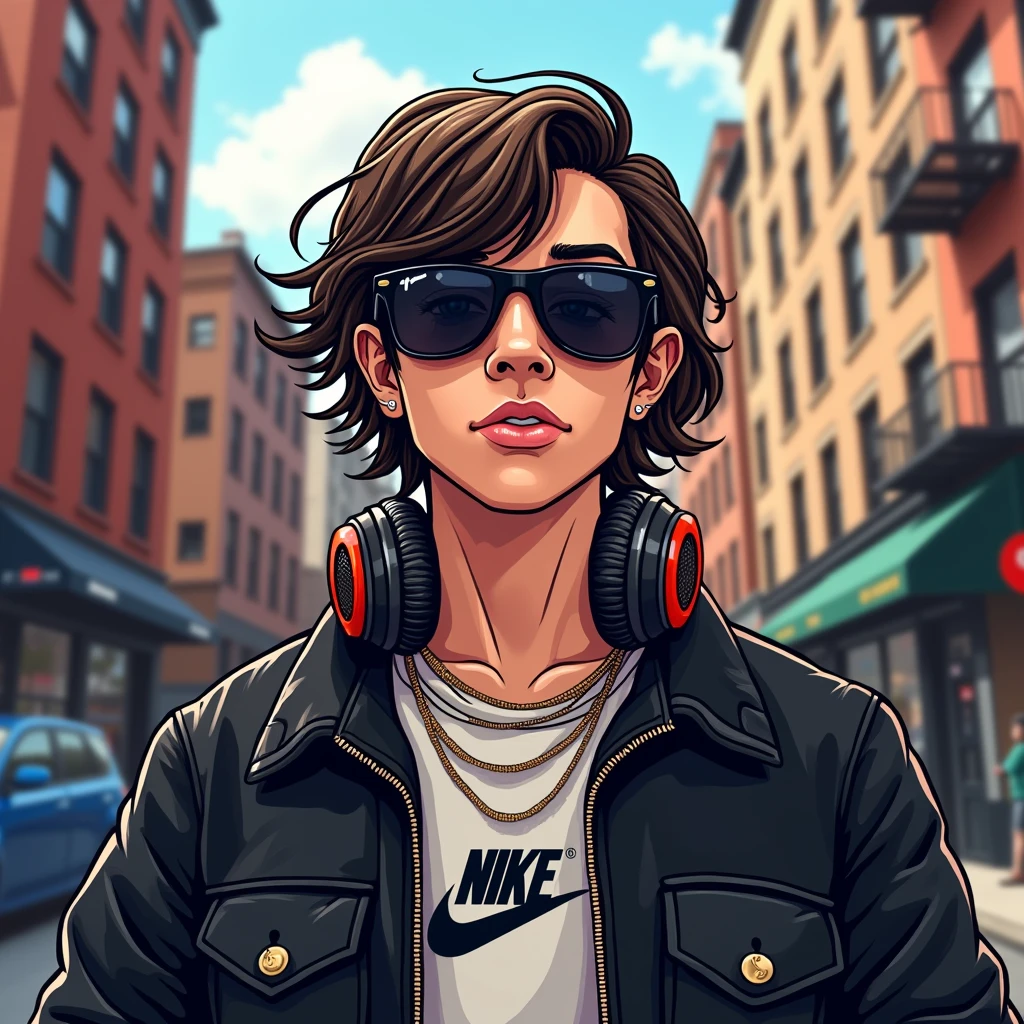 A stylized illustration, with framing from the waist up, This type of art will be based on cartoon and manga fundamentals.. A man who looks like Tom Holland in a Nike shirt, trap singer style and behind a blookyn neighborhood, with headphones and a black jacket, wearing Gucci sunglasses, medium hair. Piercing na boca 