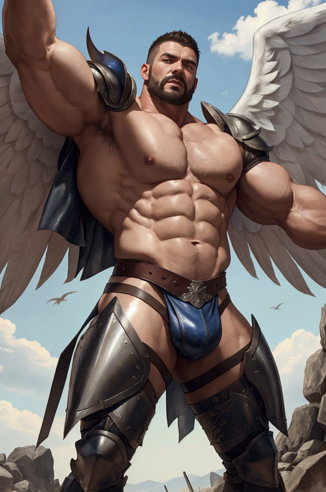 A short-haired, muscular man wearing leather armor with a full frontal view、Highest quality、With arms outstretched on the battlefield、It has large white wings、Pectoralis major、Abdominal muscles、Big macho man