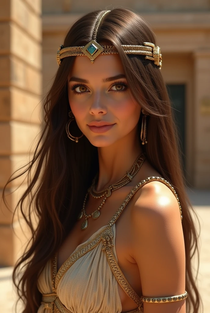 Create a beautiful Egyptian woman, straight brown loose hair, brown eyes and white oval face Egyptian ancient Egypt not so thin