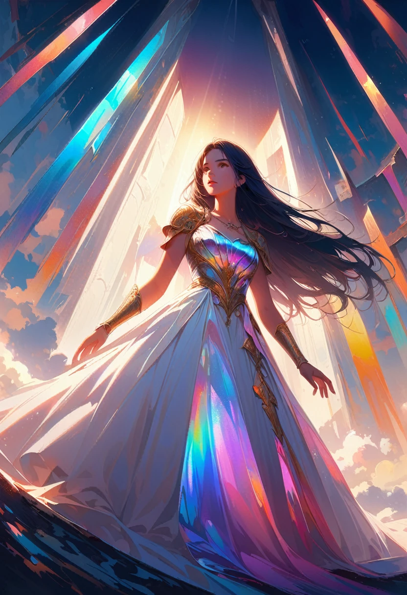 20 years old, with long black hair down to her waist, golden eyes. She wears jewelry and dresses in an antique style, donning a long white dress with golden details. She wears elegant gladiator sandals. She possesses golden powers and has a golden-themed background. Whole body, (ultra realistic), {Extremely detailed CG unit 8k wallpaper}, expansive landscape photography, (A view from below that shows the greatness of the character, wide open field view), (low angle shot), (light: 2.0), (warm light source: 1.5), Complex details, (Iridescent colors: 1.5), (bright lighting), (atmospheric lighting), surreal, Awesome, fancy, (Alone: 1.2)