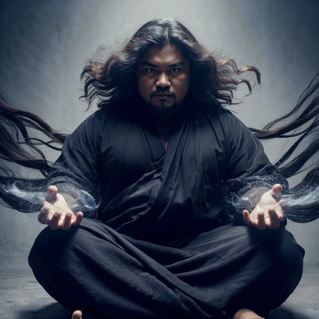 A powerful man from Indonesia with a slightly fat body, long wavy hair, wearing a black robe, sitting cross-legged facing forward, his hands seem to emit black energy, and the energy surrounds his body, extreme cinematography, detailed elements, high quality images, uhd, hdr.